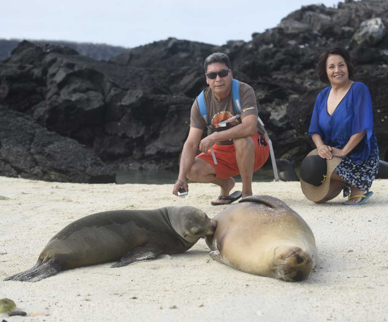 Tourist with Sea Seals - Galapagos Naturally Safe