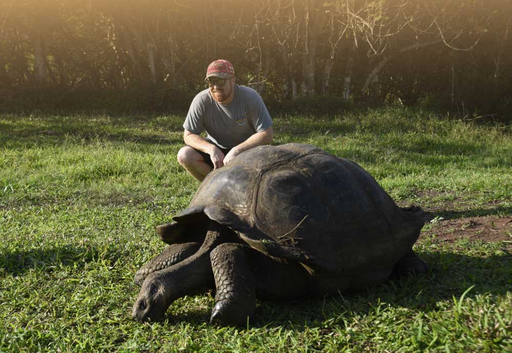 Tourist with a turtle in Galápagos - Galapagos naturally safe